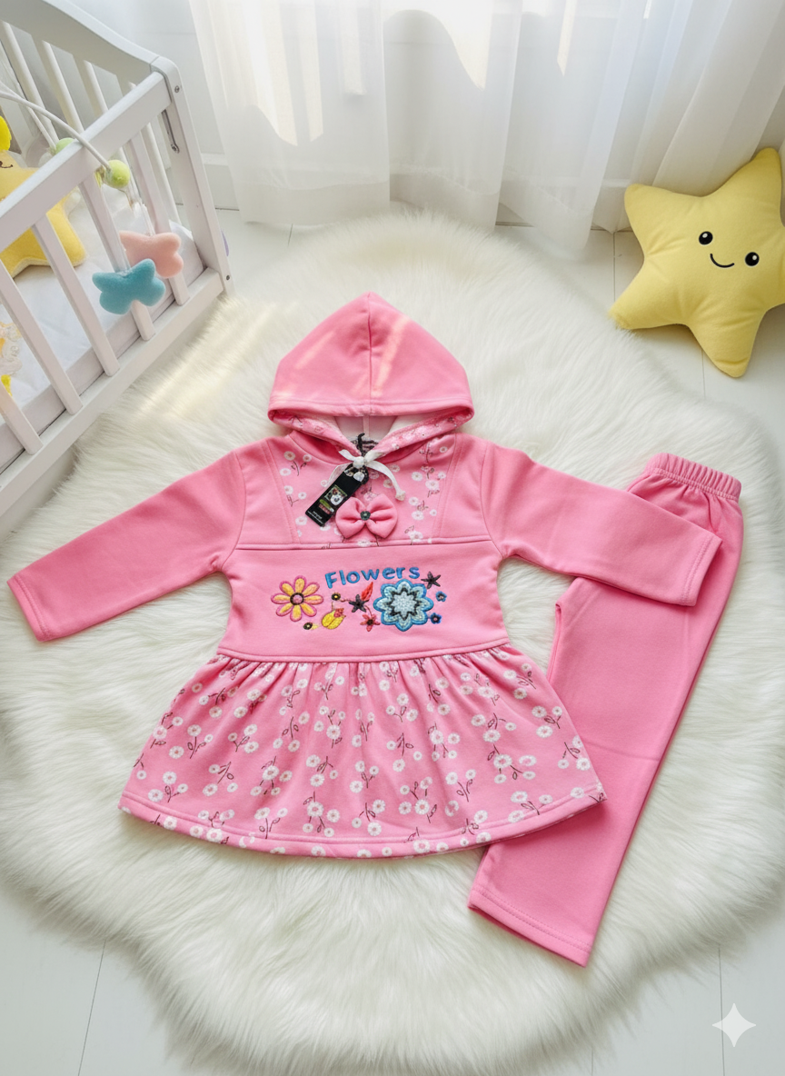 Aqua Blossom: Adorable Baby Girl 3-Piece Hooded Frock Suit