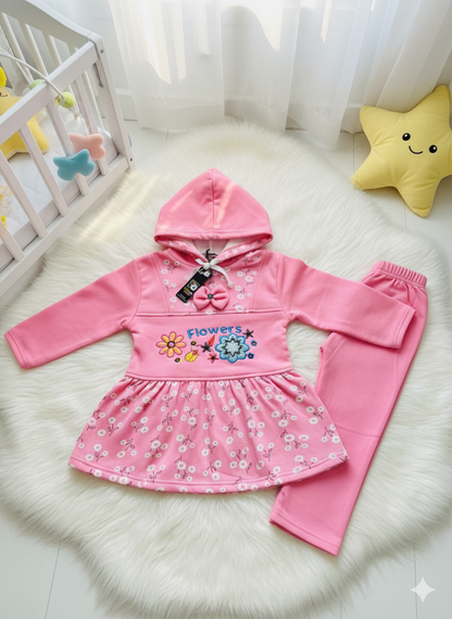 Aqua Blossom: Adorable Baby Girl 3-Piece Hooded Frock Suit